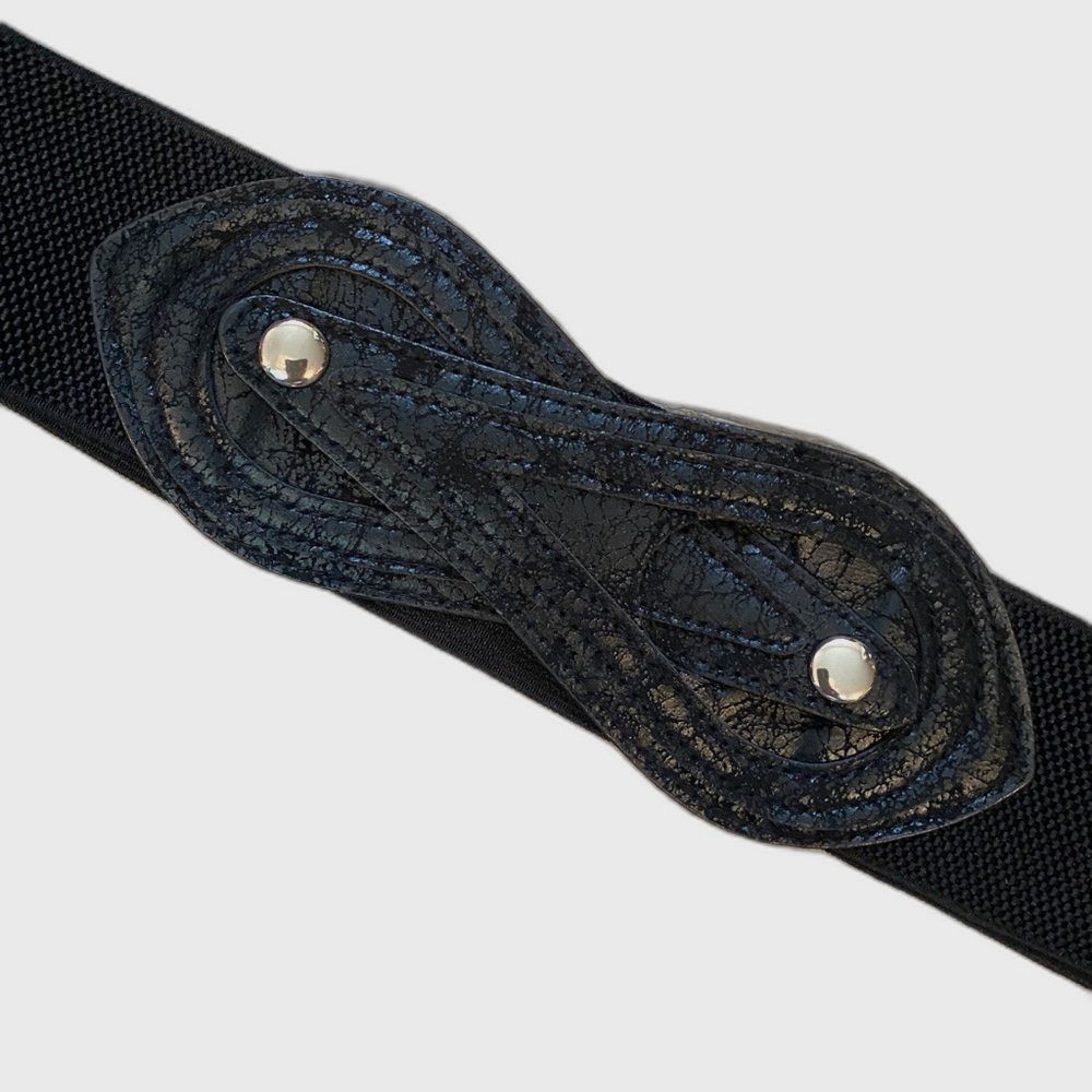 Vintage 80s Black Leather Stretch Waist Corset Cinch Belt OS Woven Snap Edgy - Picture 8 of 10